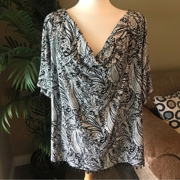 Dress Barn plus size black white cowl neck beaded stretch top - Picture 1 of 7